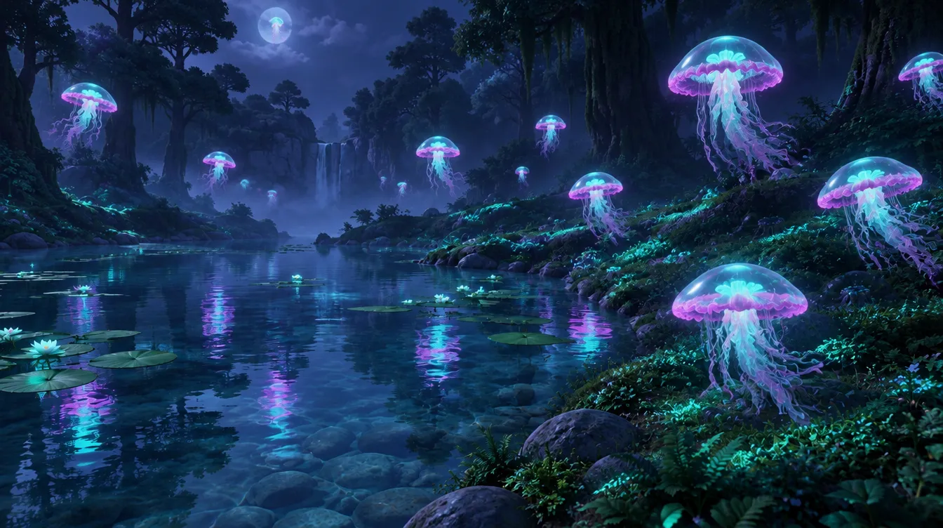Glasswater Hollow malam: ubur-ubur melayang dan menyala teal di atas air.