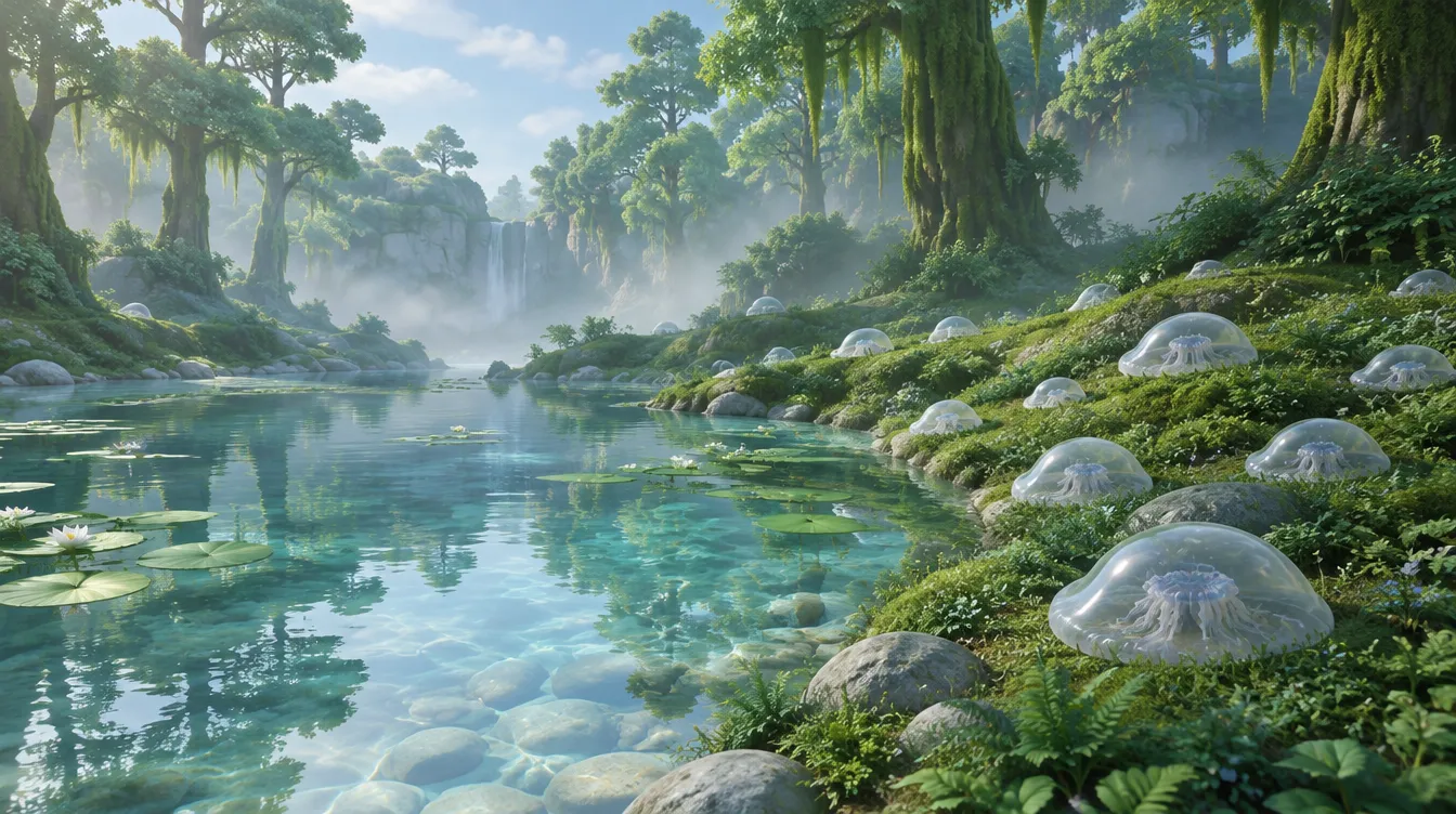 Glasswater Hollow siang: laguna jernih, ubur-ubur darat tidur di tepi seperti kubah kaca.